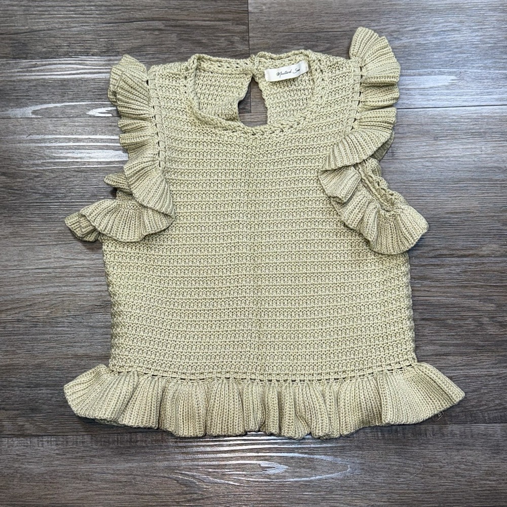 Mustard Seed Ruffle Crochet Knit Top Womens S Matcha Green Ruffled Shoulder/Hem
